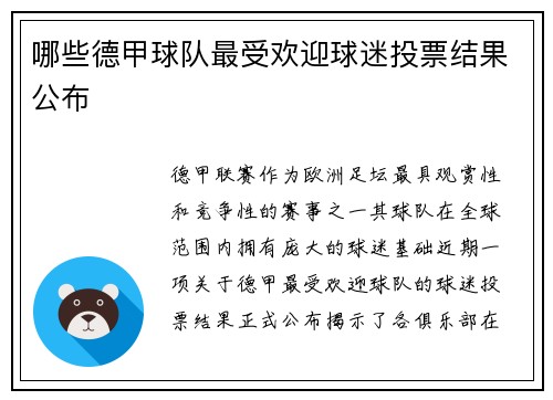 哪些德甲球队最受欢迎球迷投票结果公布
