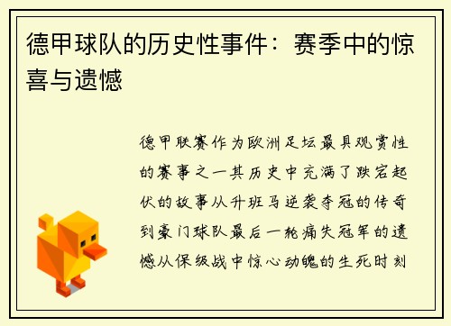 德甲球队的历史性事件：赛季中的惊喜与遗憾