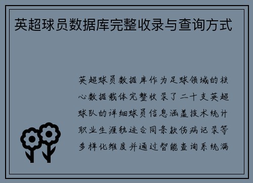 英超球员数据库完整收录与查询方式